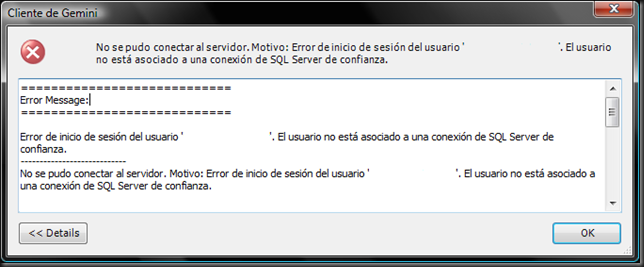 El usuario no esta asociado a una conexión de SQL Server de confianza ...
